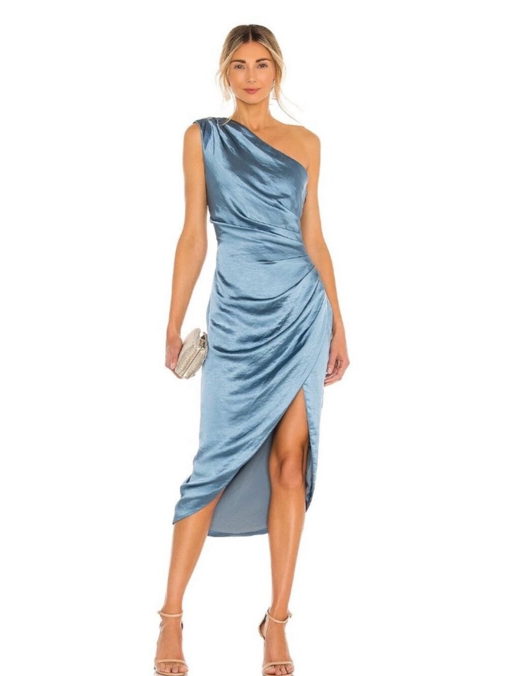Elliatt One-Shoulder Satin Midi Dress in Light Blue